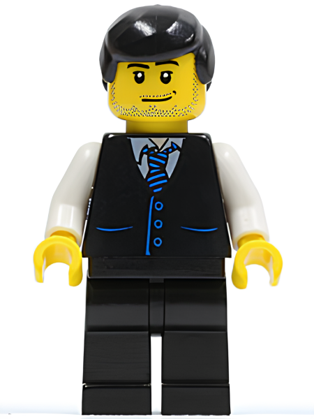 Минифигурка Lego Black Vest with Blue Striped Tie, Black Legs, White Arms, Black Male Hair (Bus Driver) cty0186